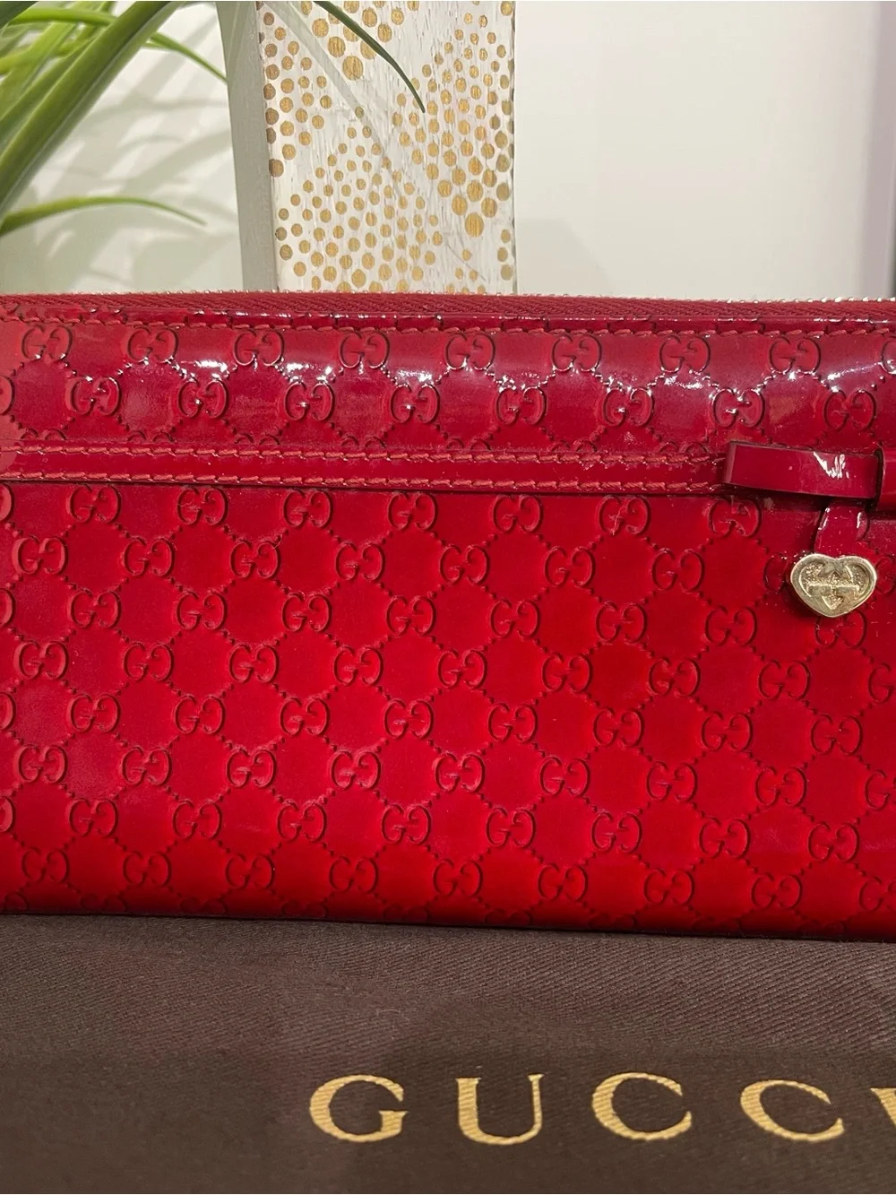 Gucci Red Patent Leather Wallet with Gold Heart Charm